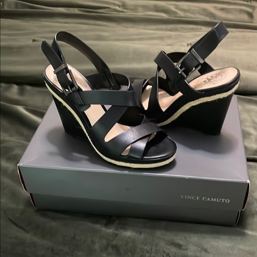 Vince Camuto Black Wedge Shoes with Crisscross Straps